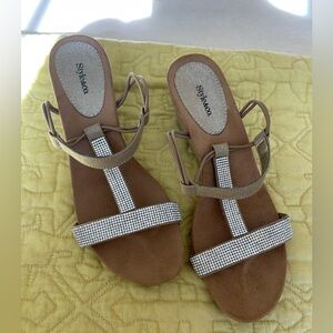 Style and Co. rhinestones and gold wedge sandals size 7.